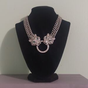 Silvertone Jaguar Clear and Green Rhinestone Door Knocker Choker Necklace